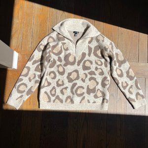 Aqua Cheetah Print Quarter Zip Knit Sweater